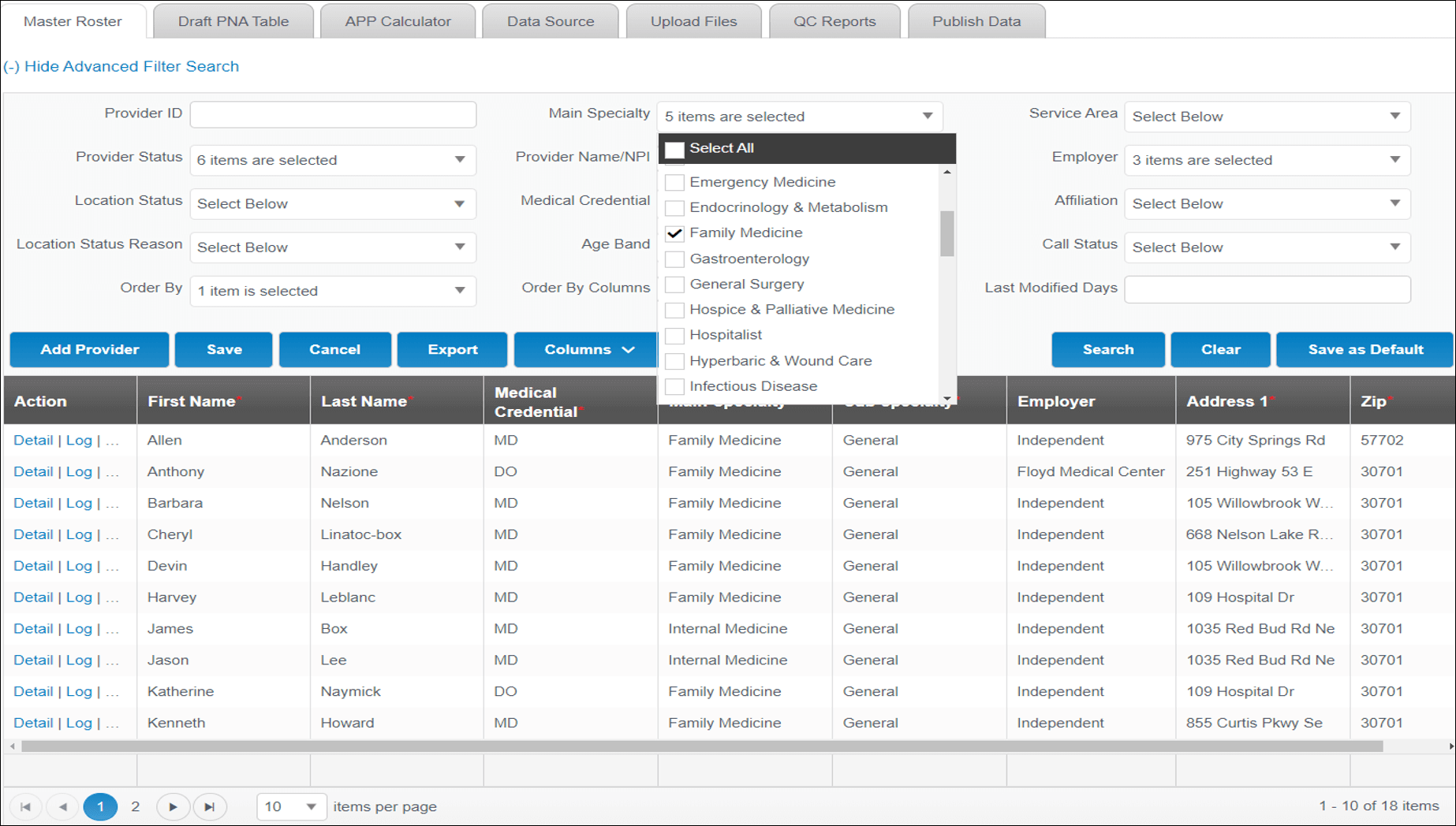 Provider search filter interface screenshot